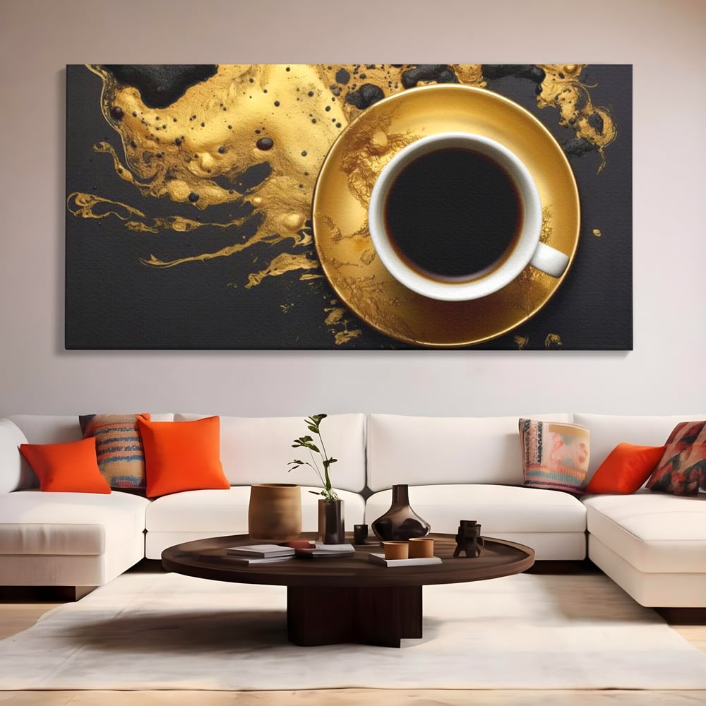 Tablou canvas cu tablou canvas cu ceasca de cafea, fara rama, pe sasiu de lemn, pe perete intr-un living